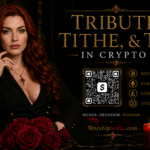 Goddess Sofia seated in a luxurious black and crimson setting beside the title “Tribute, Tithe, & Tip in Crypto,” with a Cash App QR code and cryptocurrency options for Bitcoin, Ethereum, Litecoin, and USDC. WorshipSofia.com appears below.