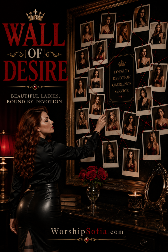 Wall of Desire page image featuring Goddess Sofia in a sleek black satin blouse and leather skirt, standing before an ornate wall displaying portraits of beautiful women connected by crimson threads. Red roses, candlelight, gold detailing, and luxurious black dΓ©cor surround the scene. The image reads βWall of Desire,β βBeautiful Ladies. Bound by Devotion.β and βWorshipSofia.com.β