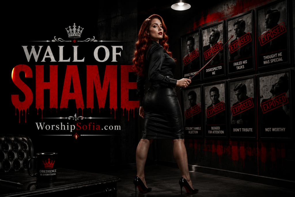Wall of Shame page banner featuring Goddess Sofia in a sleek black outfit and heels, standing before a display of framed submissive portraits marked Exposed, with dramatic red and black décor. The title Wall of Shame and WorshipSofia.com appear prominently.