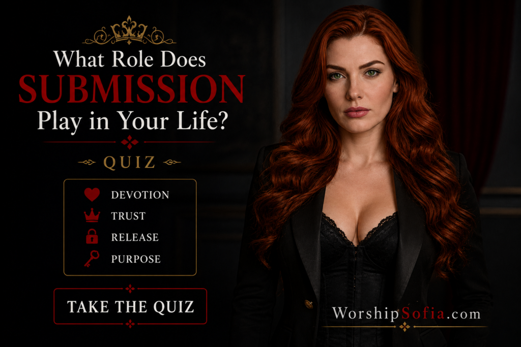Goddess Sofia in a black outfit beside the title “What Role Does Submission Play in Your Life?” with a quiz exploring devotion, trust, release, and purpose. WorshipSofia.com