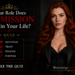 Goddess Sofia in a black outfit beside the title “What Role Does Submission Play in Your Life?” with a quiz exploring devotion, trust, release, and purpose. WorshipSofia.com
