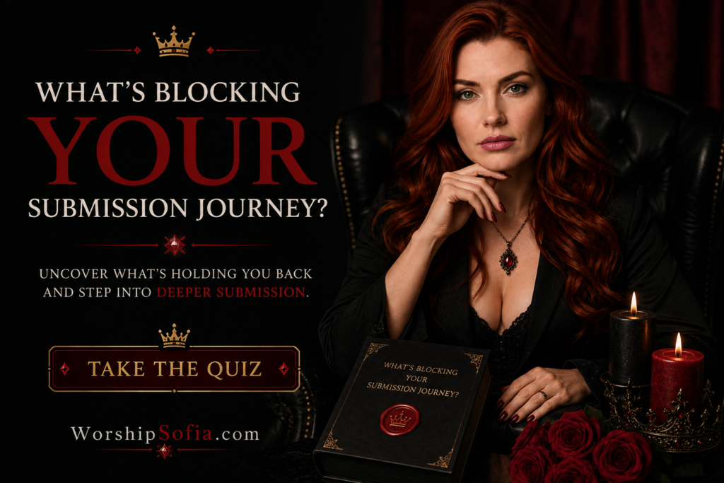 Goddess Sofia seated in a luxurious black leather chair beside candles and red roses, inviting submissives to discover what may be blocking their submission journey through the WorshipSofia.com quiz.