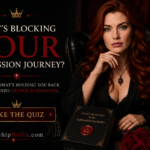 Goddess Sofia seated in a luxurious black leather chair beside candles and red roses, inviting submissives to discover what may be blocking their submission journey through the WorshipSofia.com quiz.