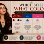 Goddess Sofia Locktight seated elegantly with a gold scepter beside a color-coded guide explaining her content system: red, white, black, and silver for everyone, blue for male submissives, pink for female submissives, and purple for owned slaves and devoted worshippers. The image also features WorshipSofia.com, MenAreChattel.com, and FemaleSlavery.com.