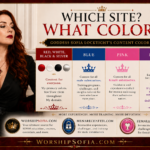 Goddess Sofia Locktight seated elegantly with a gold scepter beside a color-coded guide explaining her content system: red, white, black, and silver for everyone, blue for male submissives, pink for female submissives, and purple for owned slaves and devoted worshippers. The image also features WorshipSofia.com, MenAreChattel.com, and FemaleSlavery.com.