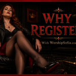 Goddess Sofia seated confidently in a luxurious black leather throne, wearing a black leather jacket, red skirt, stockings, and heels. The dark, elegant room features black marble, warm lighting, crown details, and crimson roses. Bold red lettering reads "WHY REGISTER?!" with "With WorshipSofia.com" beneath it.