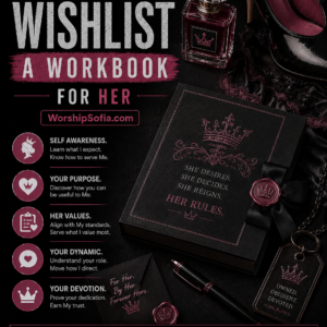 Wishlist: A Workbook for Her by Goddess Sofia, featuring a black and pink luxury BDSM workbook with prompts for self-awareness, understanding Her values, defining submission, deepening devotion, and following Her rules WorshipSofia.com