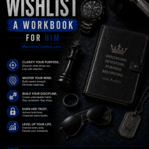 Wishlist: A Workbook for Him by Goddess Sofia, featuring a black and blue submissive training workbook with exercises for clarifying purpose, mastering the mind, building discipline, earning Her trust, and elevating his life.