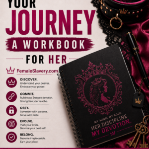 Your Journey: A Workbook for Her from FemaleSlavery.com, featuring a black and pink BDSM-inspired workbook with a leather collar, keys, crown, and guided exercises for women exploring submission, devotion, obedience, and personal growth.