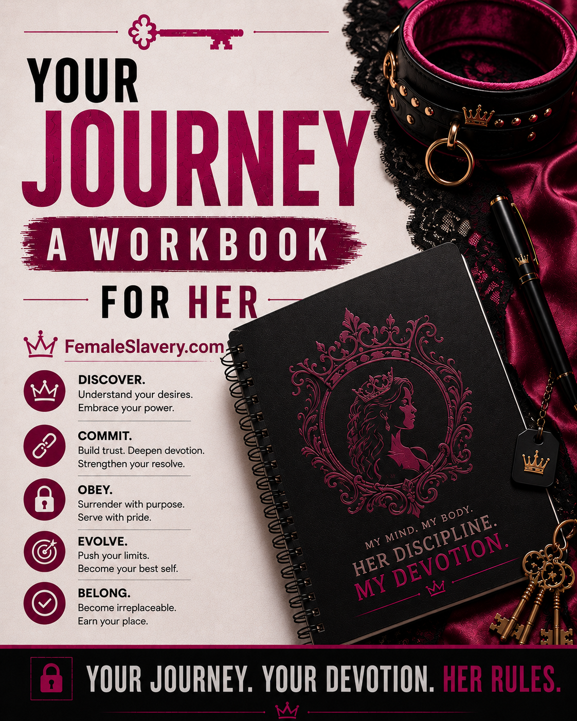 Your Journey: A Workbook for Her from FemaleSlavery.com, featuring a black and pink BDSM-inspired workbook with a leather collar, keys, crown, and guided exercises for women exploring submission, devotion, obedience, and personal growth.