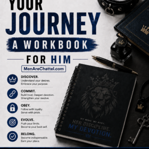 Your Journey: A Workbook for Him from MenAreChattel.com, featuring a black and blue BDSM-inspired workbook with a leather collar, keys, journal, and guided exercises for men exploring submission, devotion, obedience, and personal growth.