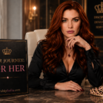 Goddess Sofia Locktight in a luxurious black satin blouse beside a product cover for “Your Journey: For Her,” with pink roses, a jeweled tiara, and elegant gold décor. WorshipSofia.com