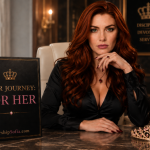 Goddess Sofia Locktight in a luxurious black satin blouse beside a product cover for “Your Journey: For Her,” with pink roses, a jeweled tiara, and elegant gold décor. WorshipSofia.com