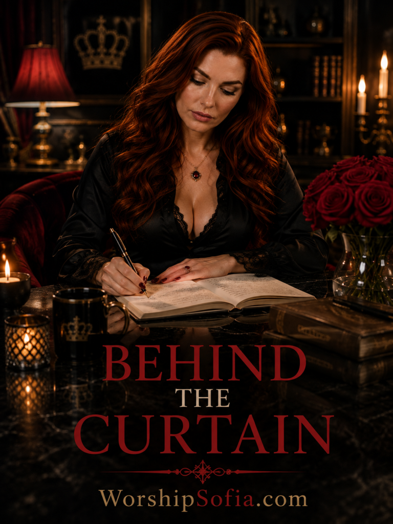 Goddess Sofia with auburn red hair writing in a journal at a luxurious marble desk surrounded by deep red roses, candles, and elegant black décor, with “Behind the Curtain” and WorshipSofia.com text.