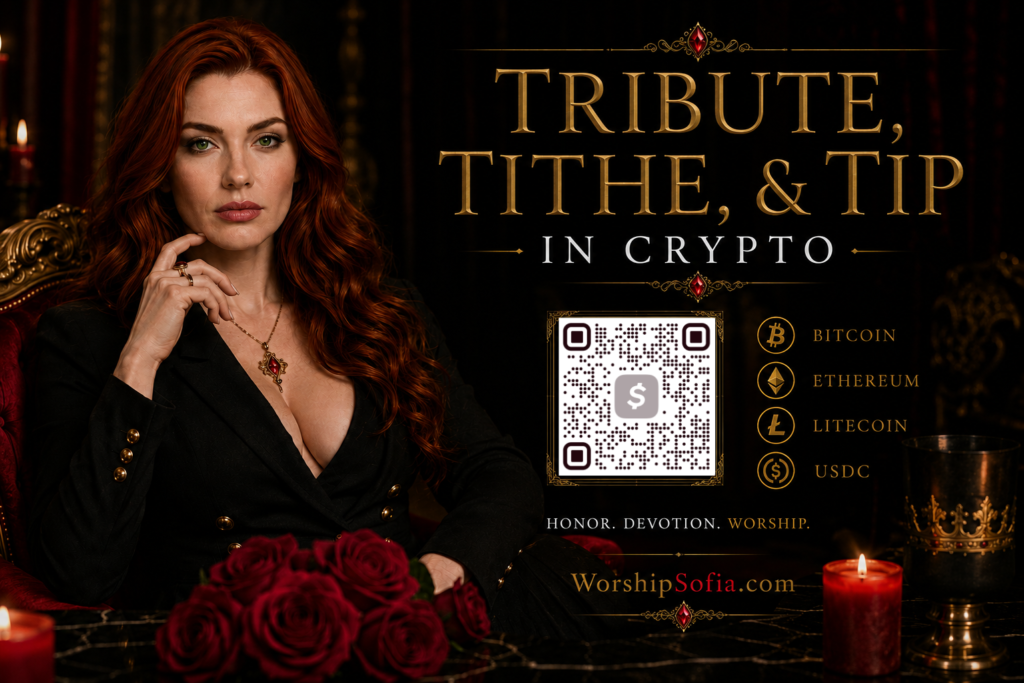 Goddess Sofia seated in a luxurious black and crimson setting beside the title “Tribute, Tithe, & Tip in Crypto,” with a Cash App QR code and cryptocurrency options for Bitcoin, Ethereum, Litecoin, and USDC. WorshipSofia.com appears below.