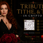 Goddess Sofia seated in a luxurious black and crimson setting beside the title “Tribute, Tithe, & Tip in Crypto,” with a Cash App QR code and cryptocurrency options for Bitcoin, Ethereum, Litecoin, and USDC. WorshipSofia.com appears below.