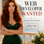 Goddess Sofia with long, wavy auburn hair wearing an elegant emerald green dress, standing confidently on a sunlit Mediterranean terrace overlooking the sea, beside elegant typography reading Web Developer Wanted and Apply Now.
