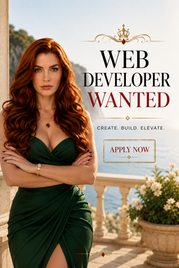 Goddess Sofia with long, wavy auburn hair wearing an elegant emerald green dress, standing confidently on a sunlit Mediterranean terrace overlooking the sea, beside elegant typography reading Web Developer Wanted and Apply Now.